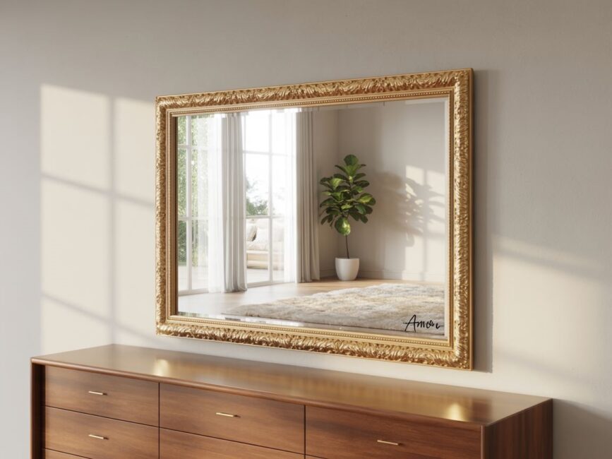 duże lustro nad komodą
