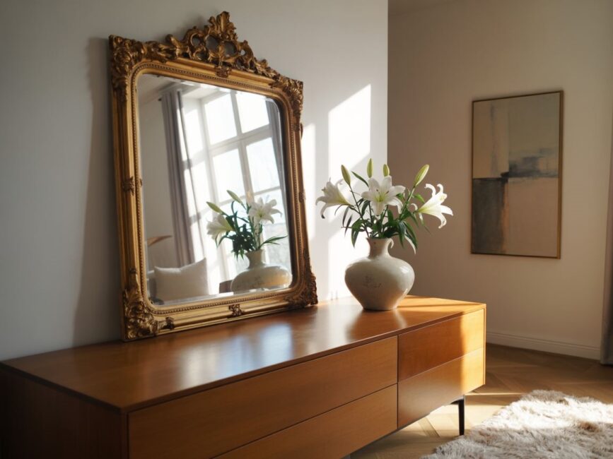 lustro w salonie nad komodą